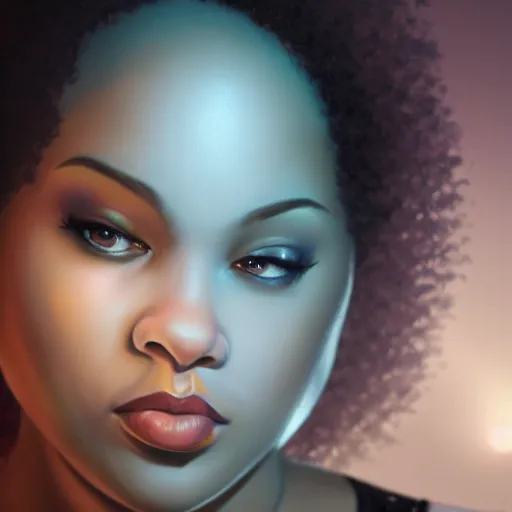 Image similar to beautiful oil painting of a fat light skinned woman with an afro, beautiful eyes, artstation, volumetric lights, highly detailed, concept art, sharp focus, beautiful face