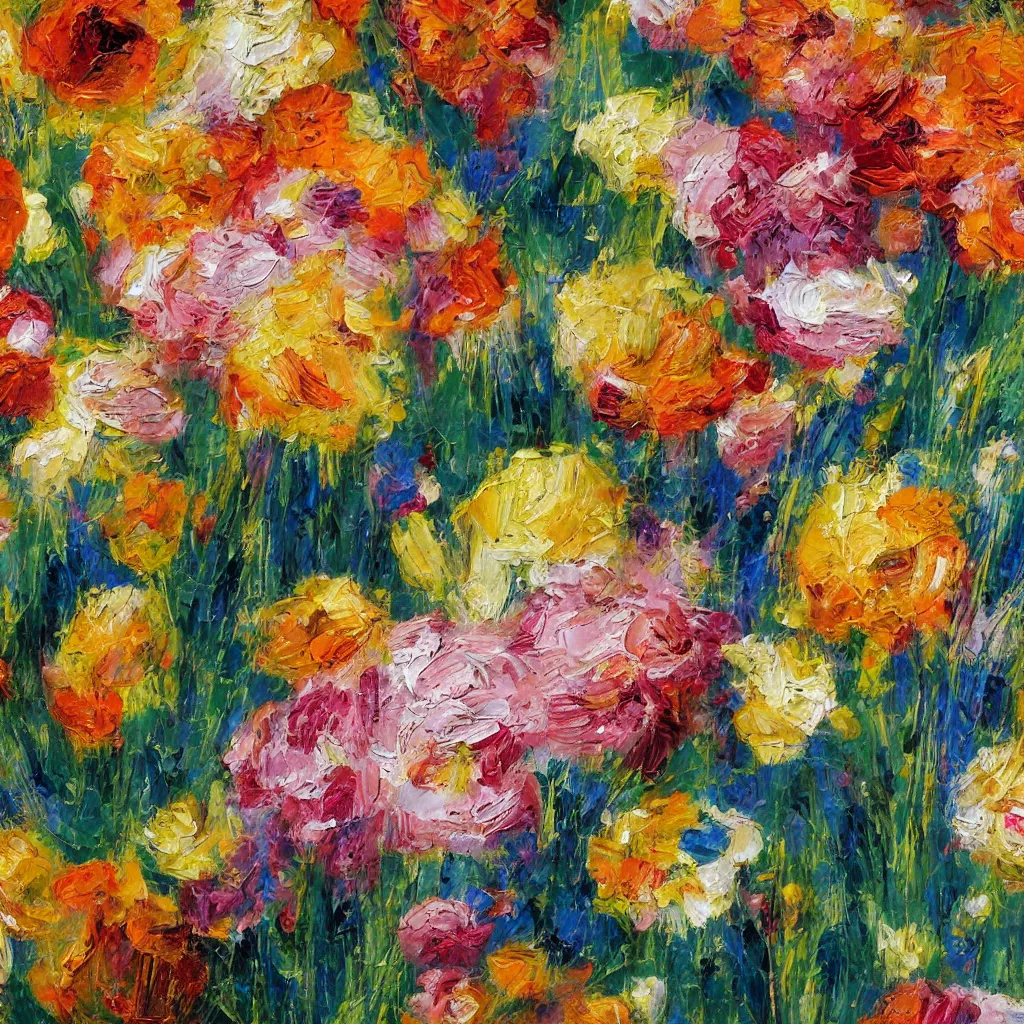 Prompt: close up of large flower with hundreds if petals painted in the style of the old masters, painterly, thick heavy impasto, expressive impressionist style, painted with a palette knife