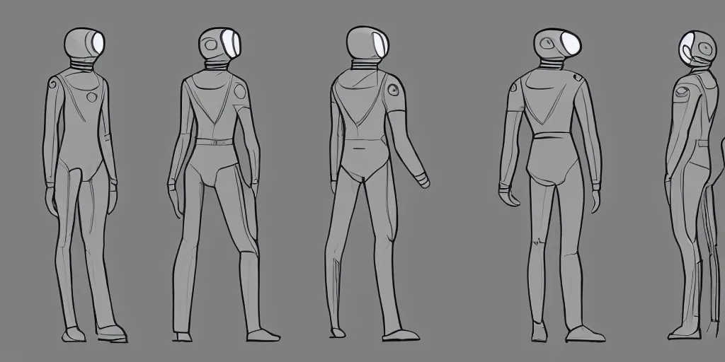 Prompt: male, elongated figure, space suit, large shoulders, short torso, long thin legs, tiny feet, character sheet, digital sketch, very stylized, concept design