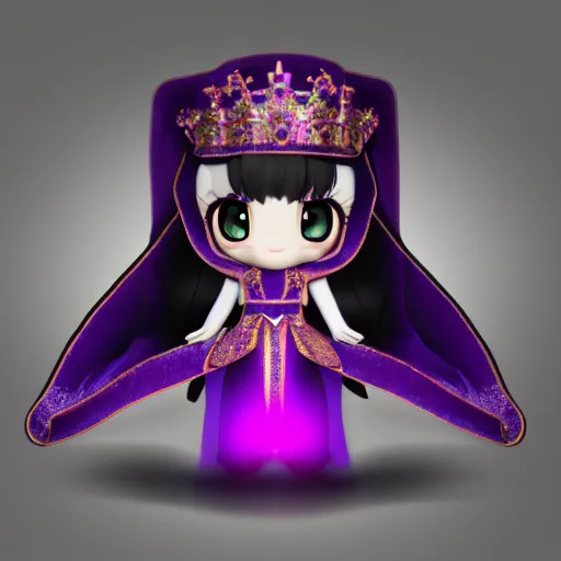 Prompt: cute fumo plush of a elaborately dressed princess in black and purple regalia, crown, outline glow lens flare, vray