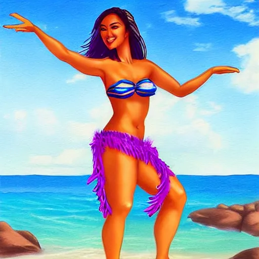 Image similar to beautiful hula dancer in a bikini on the beach drawn by artgerm
