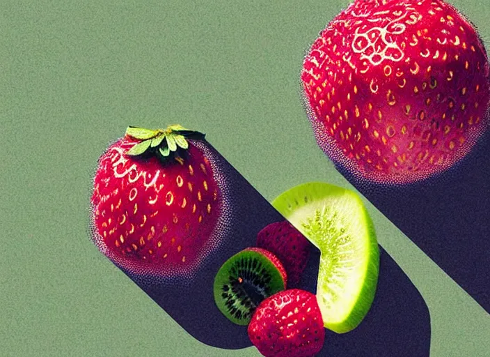 Prompt: ( ( dither ) ), editorial illustration strawberries blueberries sliced kiwi sliced lemon inside a clear drinking bottle, isometric, modern art deco, mads berg, karolis strautniekas, stippled light, fog, fine texture, dynamic composition, matte print, ( ( unreal engine ) )