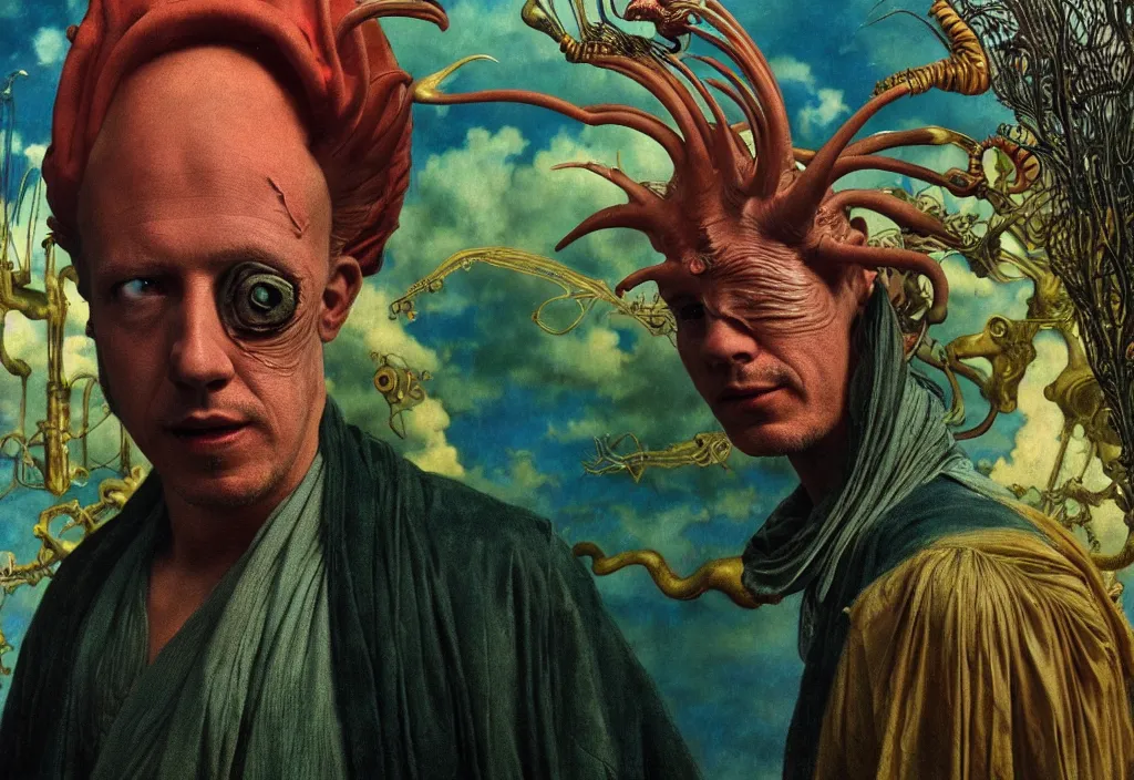 Image similar to realistic detailed portrait movie still of a birdman wearing dark robe, sci fi landscape background by denis villeneuve, amano, yves tanguy, alphonse mucha, max ernst, ernst haeckel, roger dean, masterpiece, rich moody colours, snarling dog teeth