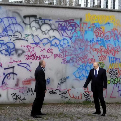 Prompt: Vladimir Putin and Sergey Lavrov kissing, kiss on the berlin wall graffiti, 8k