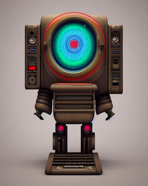 Image similar to 3 d render ofretro vintage droid with crt head with profile picture by luis toledo and alex grey and beeple, neosurrealism. digital art, pixel art, concept art, octane render, trending on cgsociety, trending on artstation