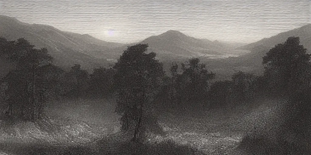 Prompt: beautiful rotogravure drawing of distant forest on hills in the sunset, by gustave dore