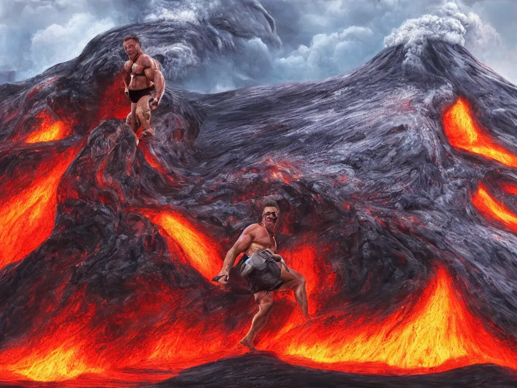 Image similar to detailed portrait of an arnold schwarzenegger surfing on lava, volcano eruption on the background, stunning scene, 8 k, digital painting, hyperrealism, vivid colors, trending on artstation