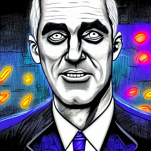 Prompt: bright demonic glowing eyes, digital illustration of secretary of denis mcdonough face, cover art of graphic novel, evil laugh, neon colors, menacing, Machiavellian puppetmaster, villain, clean lines, clean ink