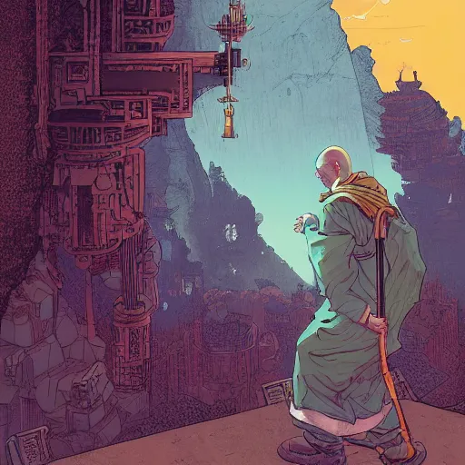 Prompt: portrait of the back of a monk with a mace, standing, Borderlands and by Feng Zhu and Loish and Laurie Greasley, Victo Ngai, Andreas Rocha, John Harris