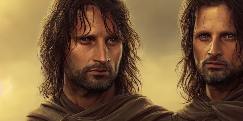 Image similar to Aragorn portrait, golden hour, rim lighting, detailed matte painting, cinematic, Alan Lee, Artstation