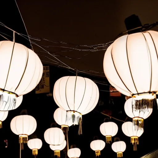 Image similar to a tiny night club with five red chinese lanterns, people's silhouettes close up, wearing white t - shirts that glow in the dark, minimalism, darkness