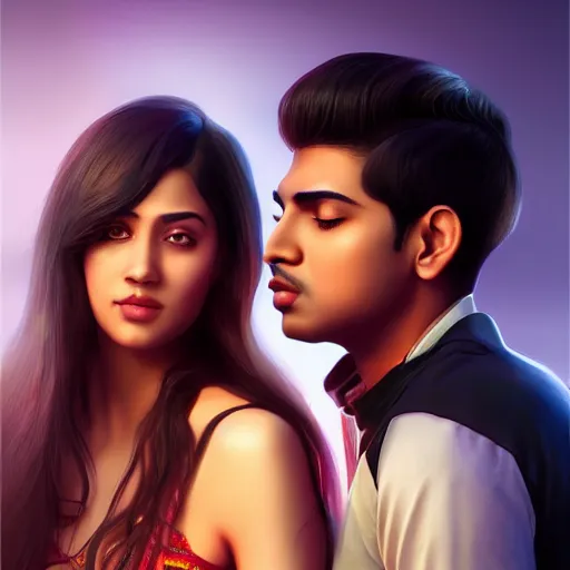 Image similar to theatrical press release ; indian young male and female couple sharing one heart ; stunning digital artwork by artgerm ; cinematic movie pose ; photorealistic, hyperrealistic, dramatic soft rim light ; highly detailed ; face by wlop ; trending on artstation ; cinematography from music video