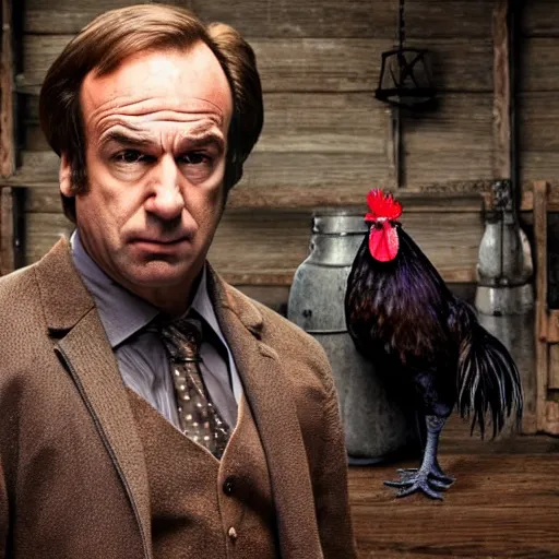 Image similar to saul goodman and a rooster in a medieval torture chamber, saw blades and knives in the background, horror movie, saul goodman!, rooster!!!!, real life photo, highly detailed face