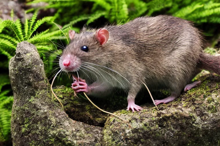 Prompt: photo, scary mutant monster rat chewing! an internet cable!! in the ferns, grass and rocks, highly detailed photo, intricate details, volumetric lighting, close up