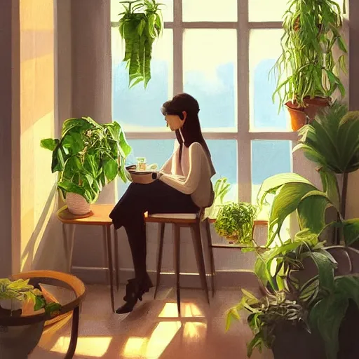 Prompt: a cozy cute cafe with a window and plants, a young pretty filipino woman sits with an espresso, golden morning light, dramatic light, happy cozy feelings, oil painting trending on artstation