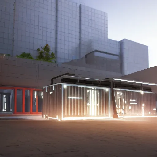 Prompt: architectural render of glowing sci fi container alongside a modern hospital in a pleasant urban setting, day - time, harsh light, award - winning, high res, 4 k, artstation