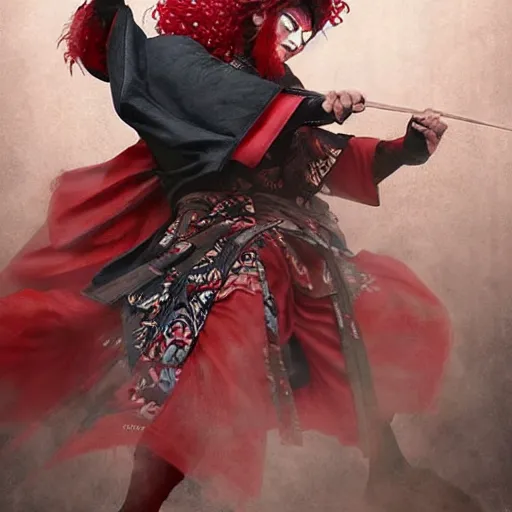 Image similar to an epic portrait of insane kabuki male wielding a spear and doing the nirami covered in a magical mist of insanity, intricate hakama, poofy red wig, eerie, highly detailed, dark fantasy, art by artgerm and greg rutkowski