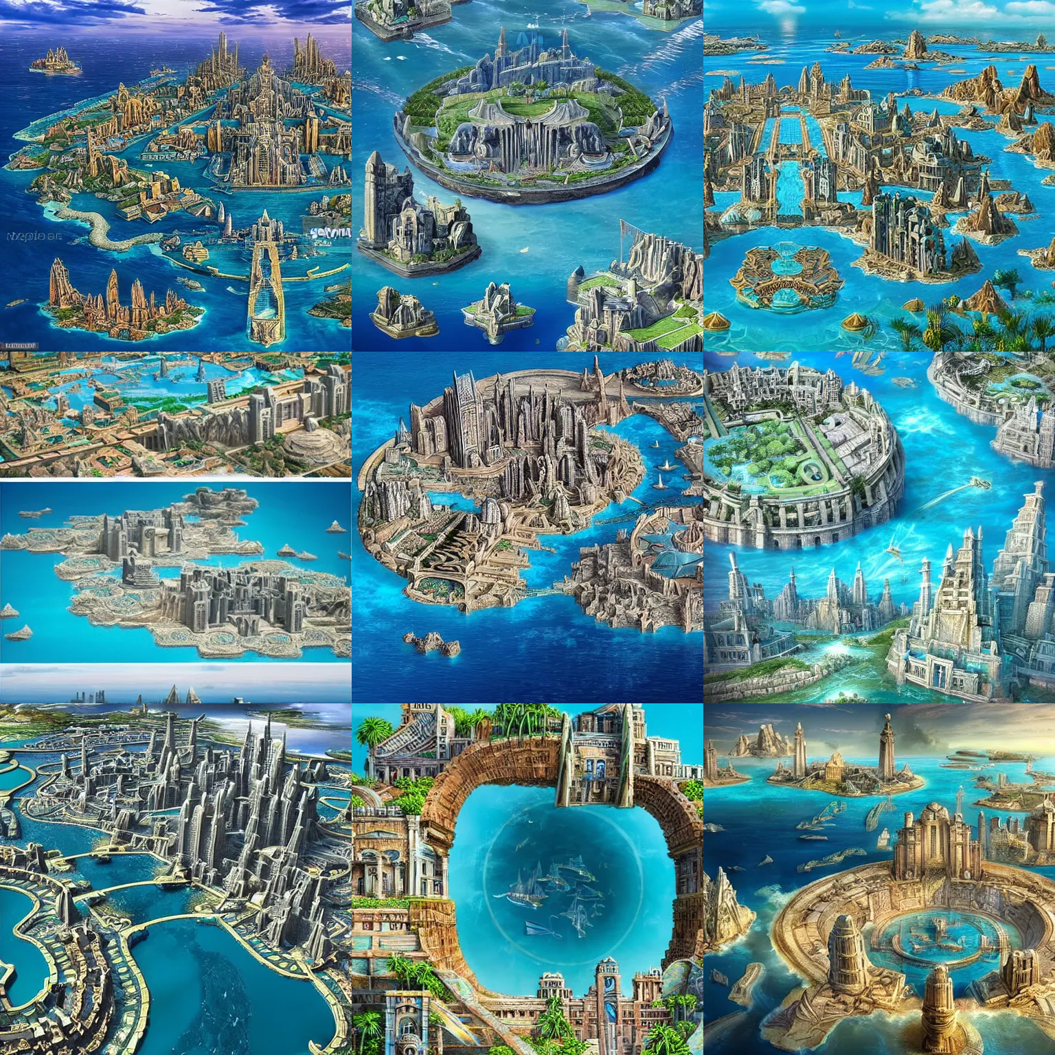 Prompt: the lost city of atlantis, seen from above in an epic scale with huge buildings in a fantasy style. the city is surrounded by a vast ocean, with ships sailing in the distance. the sky is a beautiful blue, with clouds floating in the air. the buildings are white and gold, with intricate designs. the city is a beautiful sight to behold.