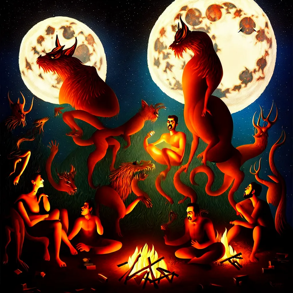 Image similar to strange mythical beasts of sitting around a fire under a full moon, surreal dark uncanny painting by ronny khalil