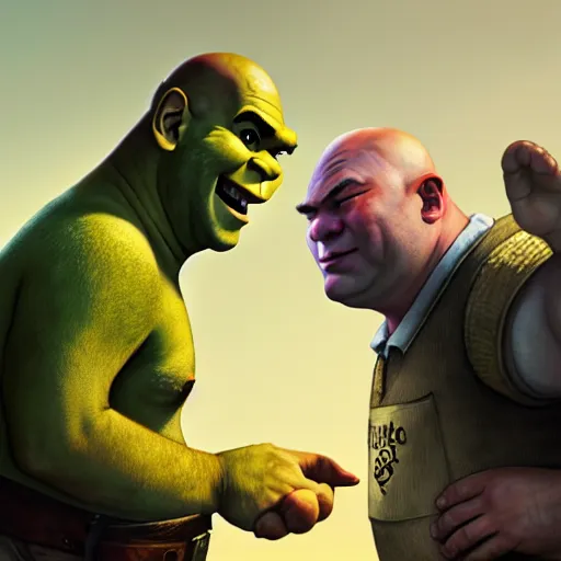 Prompt: zidane and shrek wearing vr playing gta v, highly detailed, digital painting, artstation, concept art, sharp focus, illustration, art by greg rutkowski and alphonse mucha