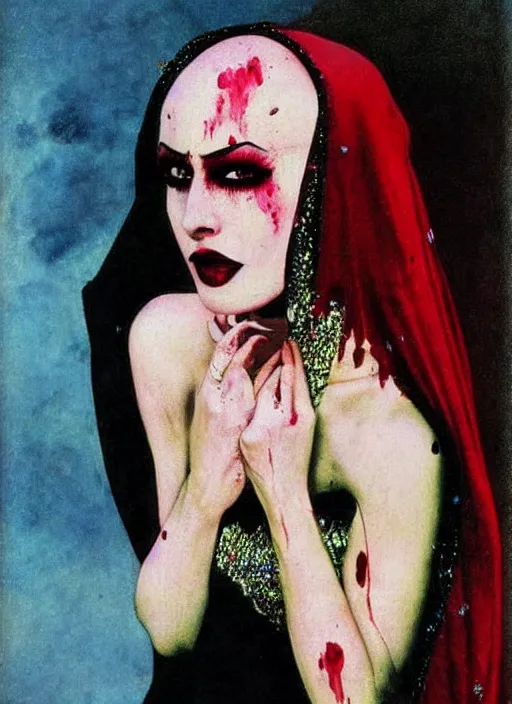 Image similar to portrait of bald iranian vampiress, jeweled veil, strong line, saturated color, beautiful! coherent! by frank frazetta, high contrast, blood splatter background