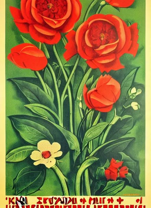 Image similar to soviet propaganda poster of phrase'tend to the flowers ', socialist realism. by alexander zelensky, viktor deni, havrylo pustoviyt