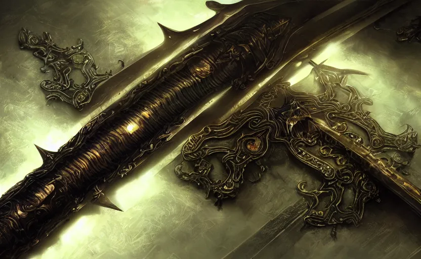 Image similar to legendary sword of cybernetic technology lying flat on a glowing table, digital award winning hd matte painting, intimate dark moody, intricate, long sharp black and iridescent blade, ornate spikes, colorful hilt, detailed realistic, raytraced blade, colored gems, golden pommel, in the style of greg rutkowski and krenz cushart, deviantart