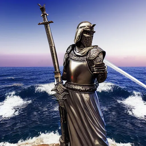 Prompt: greek statue of a Templar knight with ornate engraved armor holding his sword in a battle ready stance looking out over a Cliffside with crashing waves on the shore, synthwave, 4k