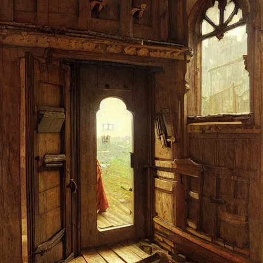 Image similar to an oak door in a medieval building with a terrible secret behind it by stanley artgerm lau, greg rutkowski, thomas kindkade, alphonse mucha, loish, norman rockwell.