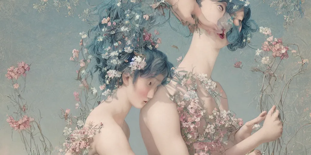 Image similar to breathtaking detailed concept art painting blend of two goddess of light blue flowers by hsiao - ron cheng with anxious piercing eyes, vintage illustration pattern with bizarre compositions blend of flowers and fruits and birds by beto val and john james audubon, exquisite detail, extremely moody lighting, 8 k