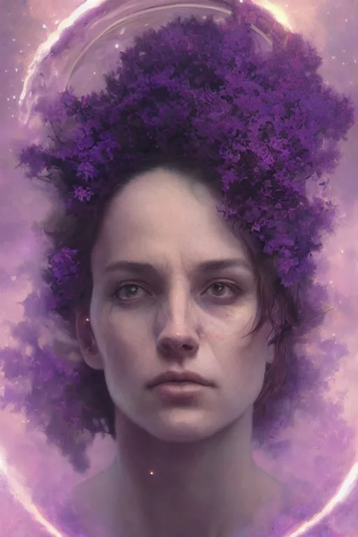 Image similar to A mystical mesmerizing 8k hyperrealistic Photo Portrait of an astronaut transforming into a purple haze, soft, sharp focus, detailed, art by Greg Rutkowski and artgerm and Alphonse Mucha