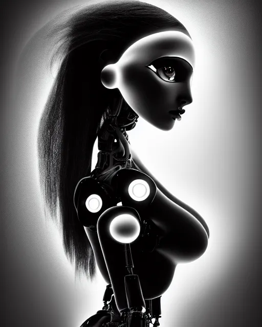 Image similar to surreal mythical dreamy dark artistic black and white fine art 3 / 4 fashion portrait photo of a young beautiful delicate female robot with orchid - owl face, rim light, cinematic, studio dramatic light, poetic, masterpiece, octane render, 8 k, photo - realistic by hg giger and man ray