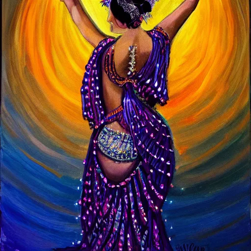 Prompt: painting of a belly dancer looking at a starry sky, stylized, highly detailed, soft light