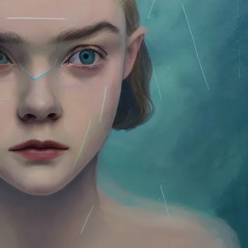 Image similar to professional painting of Elle Fanning in the style of the movie Shape of Water, head and shoulders portrait, symmetrical facial features, smooth, sharp focus, illustration, intricate, stormy weather, extremely detailed masterpiece,