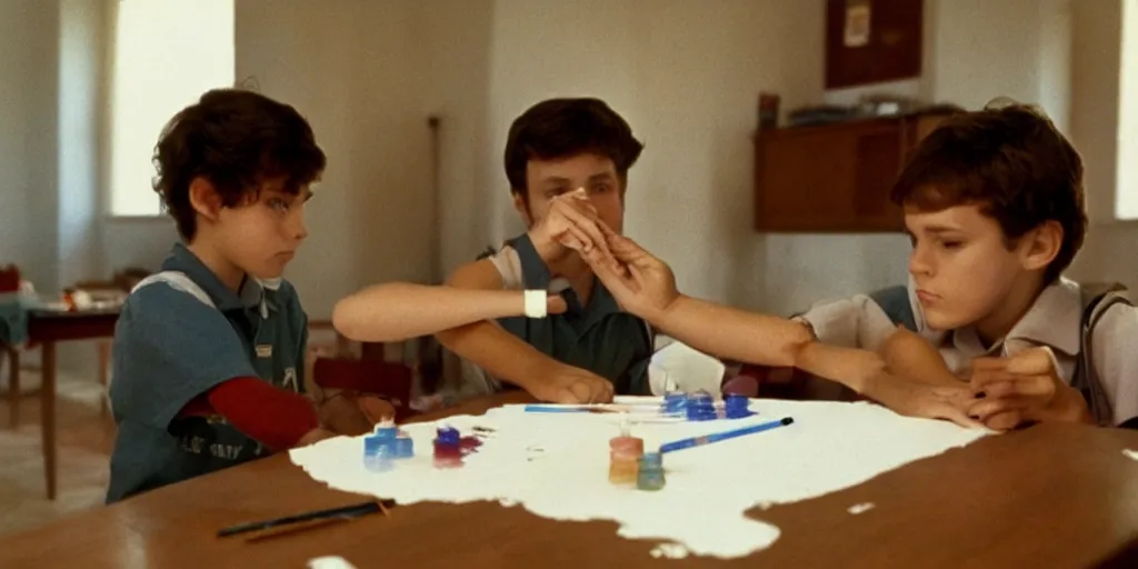 Image similar to screenshot of a scene at a private school where a senator's son paints his nails alone, 1990s psychological thriller by Stanely Kubrick film, color, anamorphic lenses, detailed, sunlit windows, moody cinematography