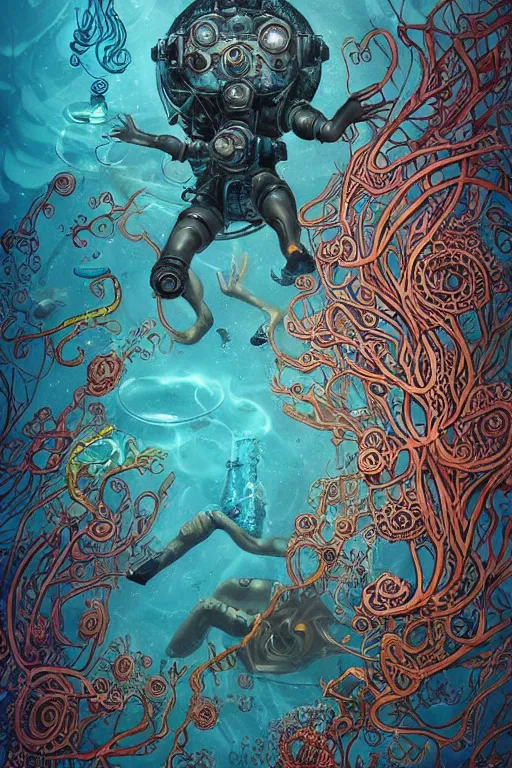 Image similar to a picture of mysterious colourful underwater creature, being discovered by a man in a steampunk diving suit. water is deep aquamarine coloured. poster art by james jean, concept art, behance contest winner, very detailed, award - winning. lovecraftian, cosmic horror, bioluminescence, submechanophobia