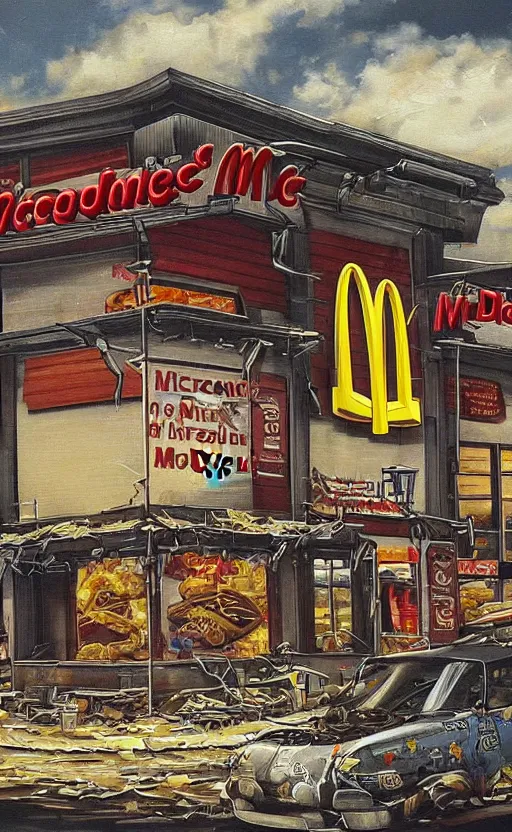 Prompt: amazing intricate painting of mcdonalds in an apocalypse. hd. hq. very detailed.