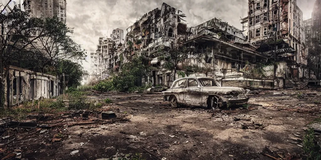 Prompt: abandoned city reclaimed by nature, cinematic shots, smooth light ing, happy, calm