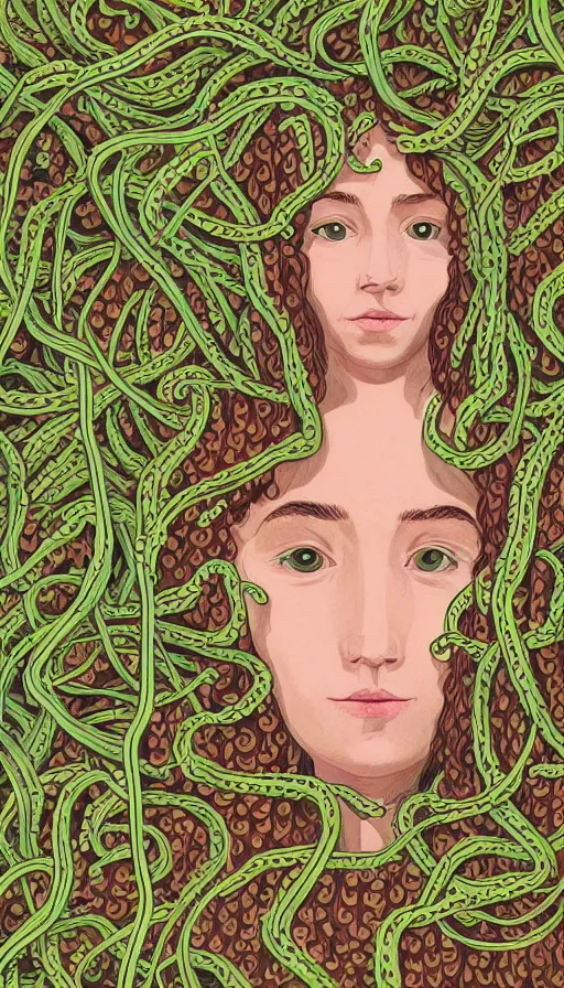 Image similar to very detailed portrait of a 2 0 years old girl surrounded by tentacles, the youg woman visage is blooming from fractal and vines, by wes anderson,