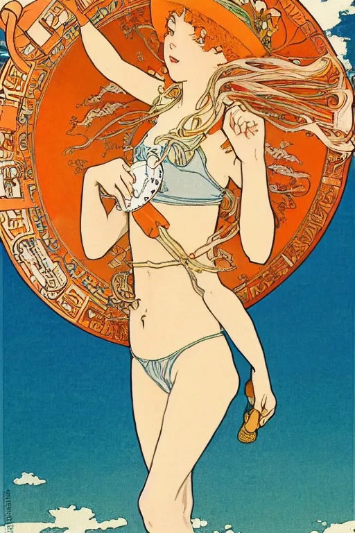 Prompt: A girl in a white lacy bikini and white sun hat and Holding a heart-shaped lifebuoy, jumping for joy,long orange hair floating on air ,Waves and sand and clouds in the background ,Smooth visual lines,,graphic Design by mucha and studio ghibli