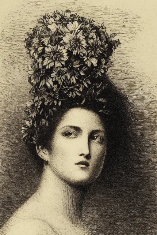 Image similar to extreme close-up, portrait of a beautiful french woman from behind with flower in the head, Gustave Dore lithography