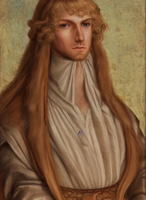 Image similar to portrait of a blond handsome man with long hair in renaissance style, anime inspired, High Res 8K,hyperdetailed