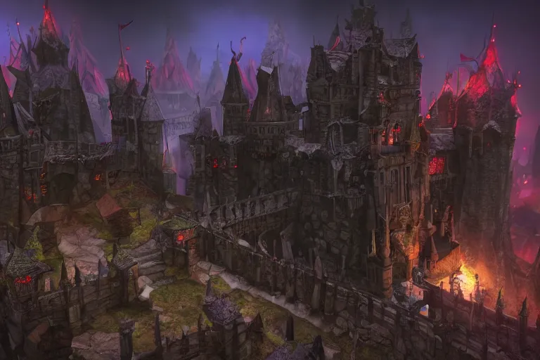 Image similar to big evil castle - city rock dark shadow elves, might and magic heroes vii, dark fantasy, shadows, artstation trending, unreal engine 5, red