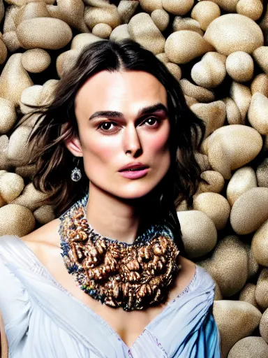 Prompt: a photograph of Keira Knightley with necklace made of seashells as Miranda from the stage production of The Tempest taken with Nikon D3500, 4K UHD, high detail, photo realistic