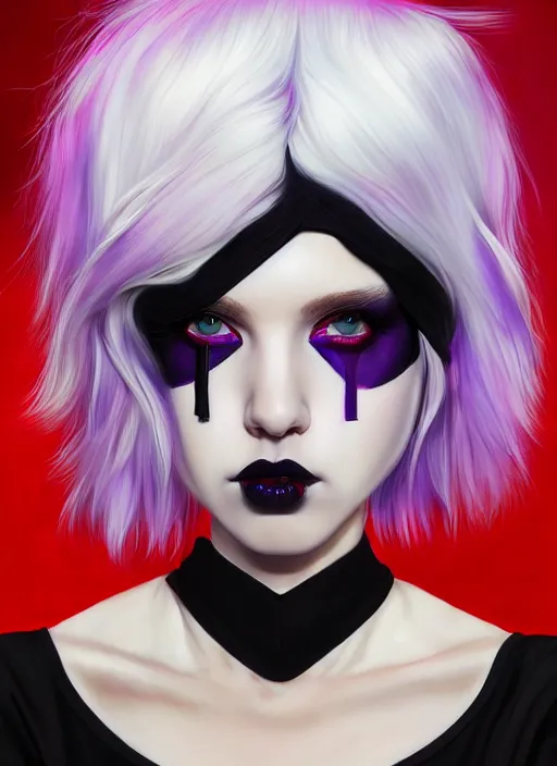 Image similar to portrait of white teenage girl, normal face, white bangs, mall goth, cyberlox, black and white hair, bangs, fluffy bangs, red contact lenses, purple lipstick, intricate, elegant, highly detailed, digital painting, artstation, concept art, sharp focus, smooth, illustration, art by wlop, mars ravelo and greg rutkowski