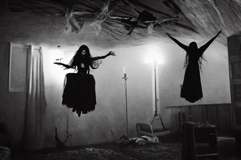 Image similar to levitating goth woman in the attic, demonic magic ritual by Emmanuel Lubezki