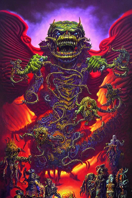 Image similar to a hyperrealistic painting of an epic boss fight against an ornate supreme dark overlord, cinematic horror by chris cunningham, lisa frank, richard corben, highly detailed, vivid color,