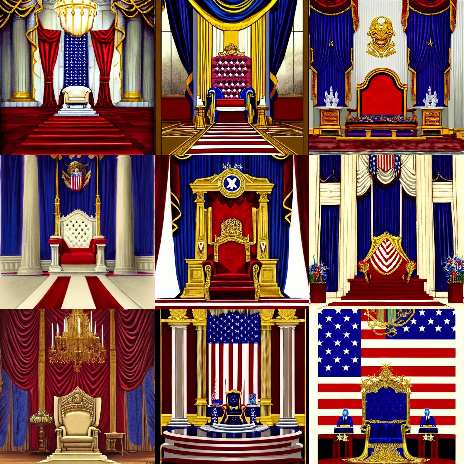 Prompt: throne room of the united states presidents throne room, fantasy art, trending on artstation, patriotic, fourth of july, god bless america by john blanche