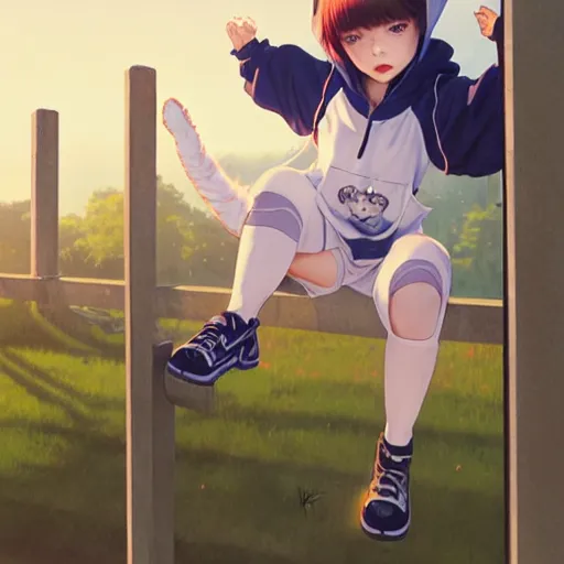 Prompt: a young girl wearing a cat hoodie balancing a a white fence, wlop, ilya kuvshinov, artgerm, krenz cushart, greg rutkowski, hiroaki samura, range murata, james jean, katsuhiro otomo, erik jones, 4 k anime