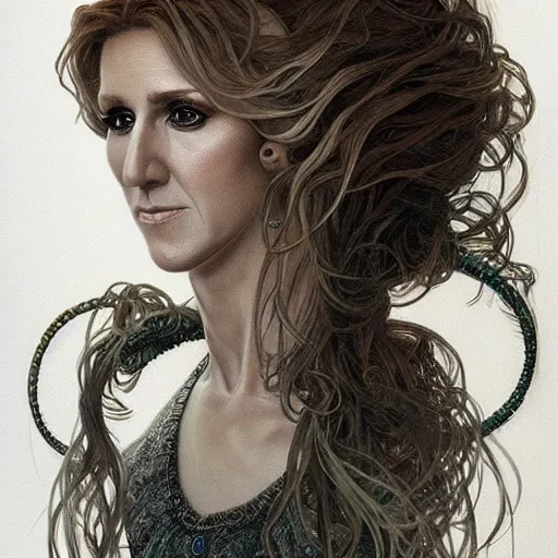 Prompt: amazing lifelike award winning pencil illustration of Celine Dion with gorgon hair trending on art station artgerm Greg rutkowski alphonse mucha cinematic